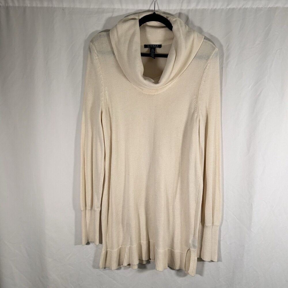 Lauren Ralph Lauren Sweater Tunic Women Large Cream Cowl Neck Knit Wool Blend